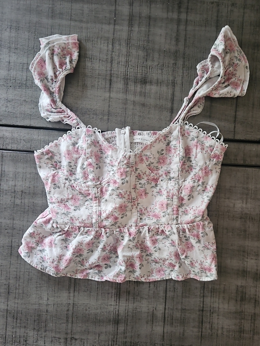 Altar'd State Pink and White Floral Tie-Strap Peplum Camisole
